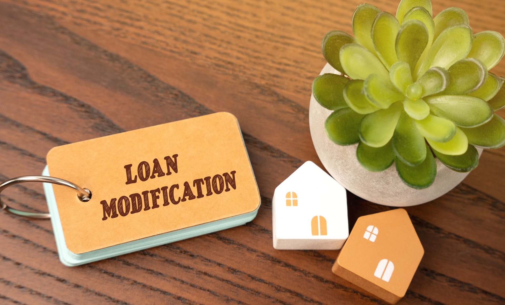 Loan modification concept. Process in which the terms of a borrower's loan are permanently adjusted to make it more manageable and prevent default. Business and Finance. Notes and Miniature Houses